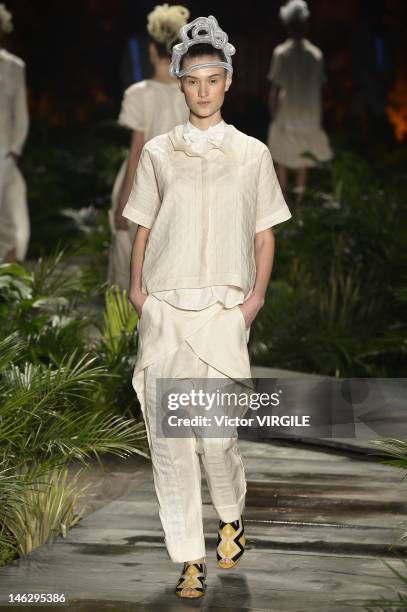 Model walks the runway during the Ronaldo Fraga show as part of the Sao Paulo Fashion Week Spring Summer 2013 on June 12, 2012 in Sao Paulo, Brazil.