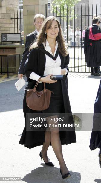 Kate Middleton, the girlfriend of Britain's Prince William walks during her graduation ceremony at St Andrews, Scotland, 23 June 2005. Prince...