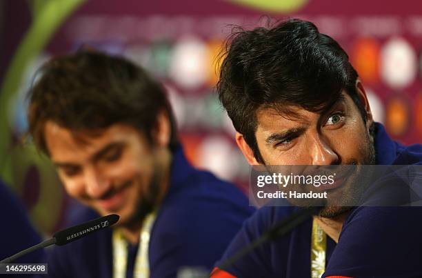 In this handout image provided by UEFA, Vedran Corluka and Niko Kranjcar of Croatia talk to the media during a UEFA EURO 2012 press conference ahead...