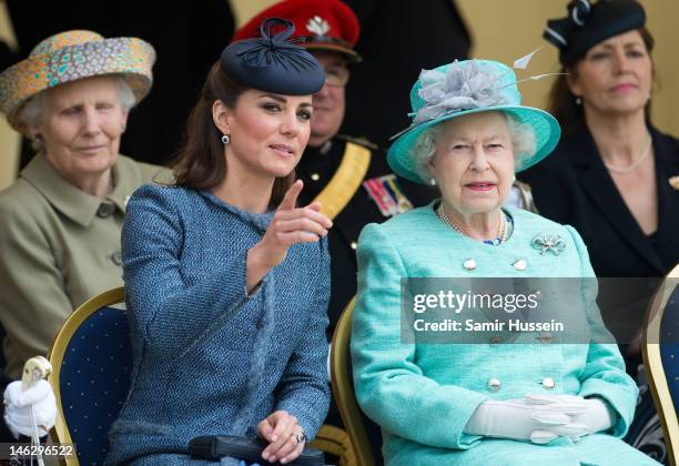 Catherine, Duchess of Cambridge and Queen Elizabeth II attend Vernon Park during a Diamond Jubilee visit to Nottingham on June 13, 2012 in...