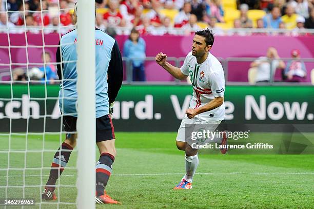 Helder Postiga of Portugal celebrates scoring the second goal during the UEFA EURO 2012 group B match between Denmark and Portugal at Arena Lviv on...