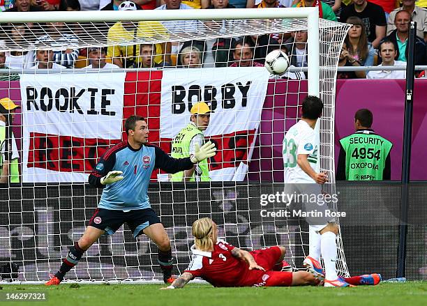Helder Postiga of Portugal scores the second goal during the UEFA EURO 2012 group B match between Denmark and Portugal at Arena Lviv on June 13, 2012...