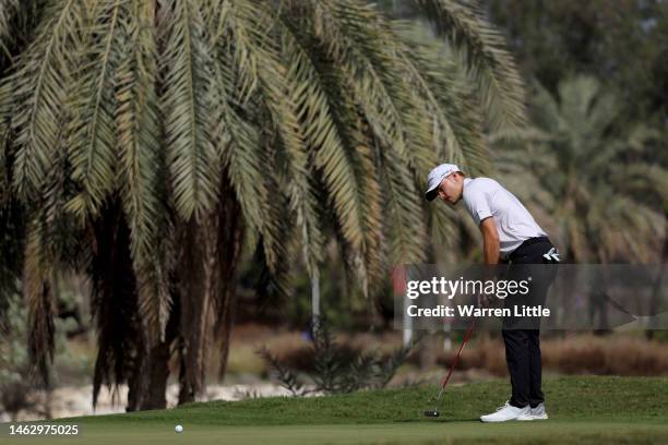 Rasmus Hojgaard of Denmark play his putt shot on the 1st hole on Day Four of the Ras Al Khaimah Championship at Al Hamra Golf Club on February 05,...