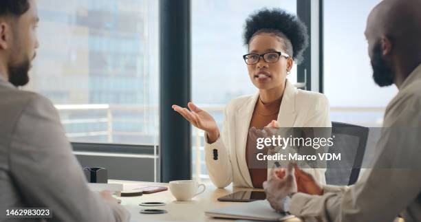 office communication, negotiation proposal and business people discussion for investment deal, b2b contract or client meeting. talk, financial conversation or black woman consulting with finance team - law office imagens e fotografias de stock