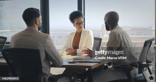 boardroom negotiation meeting, consulting or business people investment proposal, sales offer or b2b contract deal. african law firm, communication talk or lawyer conversation with legal finance team - law firm stock pictures, royalty-free photos & images