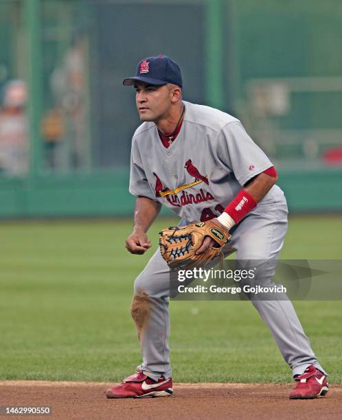 First baseman Miguel Cairo of the St. Louis Cardinals looks on from the field during a game against the Pittsburgh Pirates at PNC Park on August 13,...