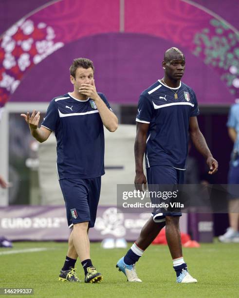 Antonio Cassano and Mario Balotelli of Italy during a UEFA EURO 2012 training session at the Municipal Stadium on June 13, 2012 in Poznan, Poland.