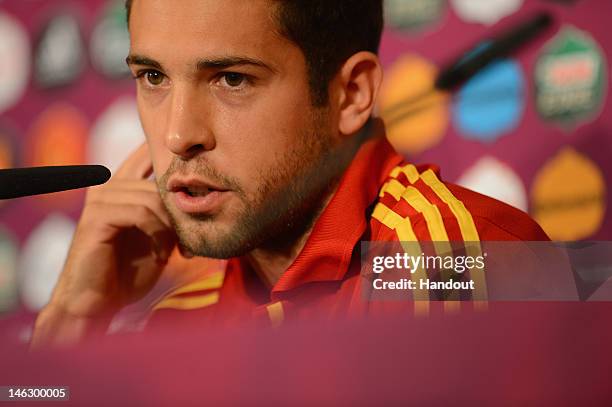 In this handout image provided by UEFA, Jordi Alba of Spain talks to the media during a UEFA EURO 2012 press conference at the Municipal Stadium on...