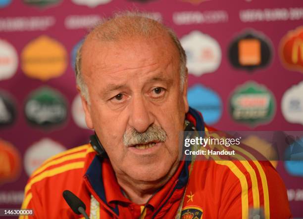 In this handout image provided by UEFA, Spain coach Vicente del Bosque talks to the media during a UEFA EURO 2012 press conference at the Municipal...