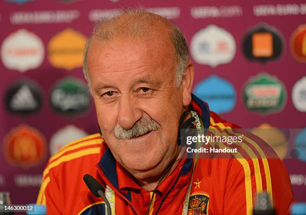 In this handout image provided by UEFA, Spain coach Vicente del Bosque talks to the media during a UEFA EURO 2012 press conference at the Municipal...