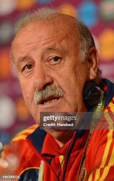 In this handout image provided by UEFA, Spain coach Vicente del Bosque talks to the media during a UEFA EURO 2012 press conference at the Municipal...