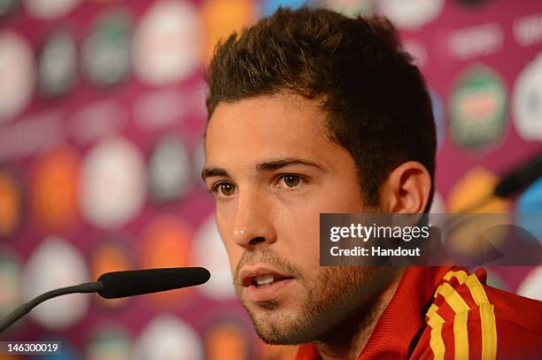 In this handout image provided by UEFA, Jordi Alba of Spain talks to the media during a UEFA EURO 2012 press conference at the Municipal Stadium on...