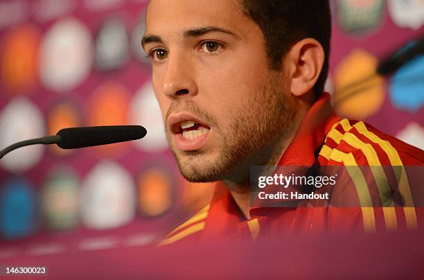 In this handout image provided by UEFA, Jordi Alba of Spain talks to the media during a UEFA EURO 2012 press conference at the Municipal Stadium on...