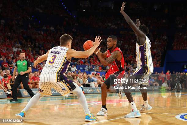 Bryce Cotton of the Wildcats drives to the key during the round 18 NBL match between Perth Wildcats and Sydney Kings at RAC Arena, on February 05 in...