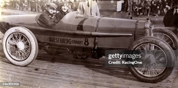 December 11, 1921: Eddie Miller and his riding mechanic get set to run their Dusenberg in the San Carlos AAA Indy Car race at San Francisco Speedway,...