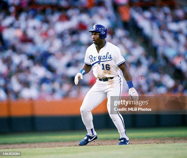 Outfielder Bo Jackson of the Kansas City Royals leads off second base during the 1989 Major League Baseball All-Star Game between the National League...