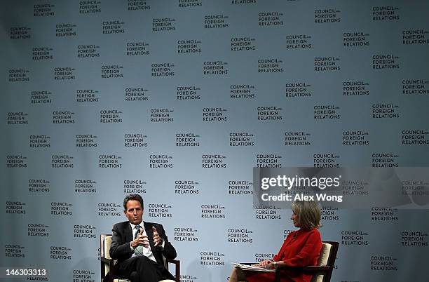 Secretary of the Treasury Timothy Geithner speaks as NBC News Chief Foreign Affairs Correspondent Andrea Mitchell looks on during a discussion in...