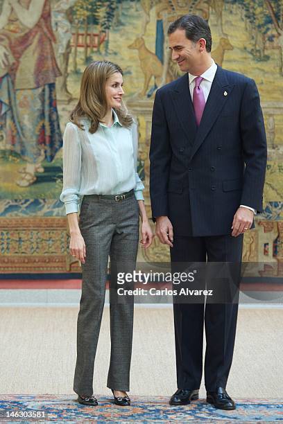 Prince Felipe of Spain and Princess Letizia of Spain attend the annual meeting with "Principe de Asturias" foundation members at the El Pardo Palace...