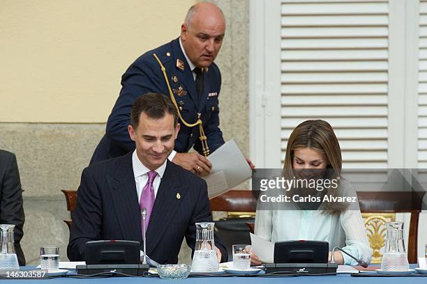 Prince Felipe of Spain and Princess Letizia of Spain attend the annual meeting with "Principe de Asturias" foundation members at the El Pardo Palace...