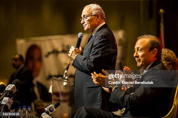 Egyptian presidential candidate and former Prime Minister, Ahmed Shafiq, speaks at a business conference on June 13, 2012 in Cairo, Egypt. Egyptian...