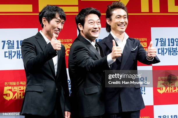 South Korean actors Cho Hee-Bong,Cho Seong-Ha and Oh Jung-Se attend the "A Millionaire On The Run" Showcase on June 13, 2012 in Seoul, South Korea....