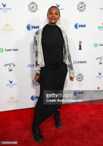Mereba attends Interscope and Flipper's Roller Boogie Palace celebrate Dr. Dre's "The Chronic" at Hollywood Palladium on February 04, 2023 in Los...
