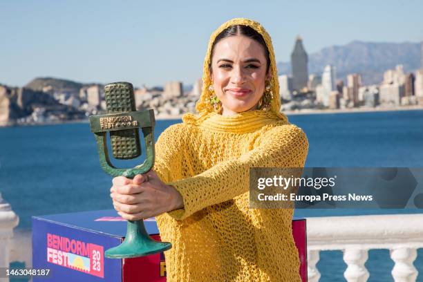 The winner of the Benidorm Fest, Blanca Paloma, poses with her award at the Mirador del Castillo, on February 5 in Benidorm, Alicante, Community of...