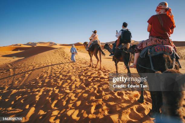 asian chinese tourists riding dromedary camel train crossing sahara desert morocco led by tour guide herdsman during sunset - morocco stock pictures, royalty-free photos & images