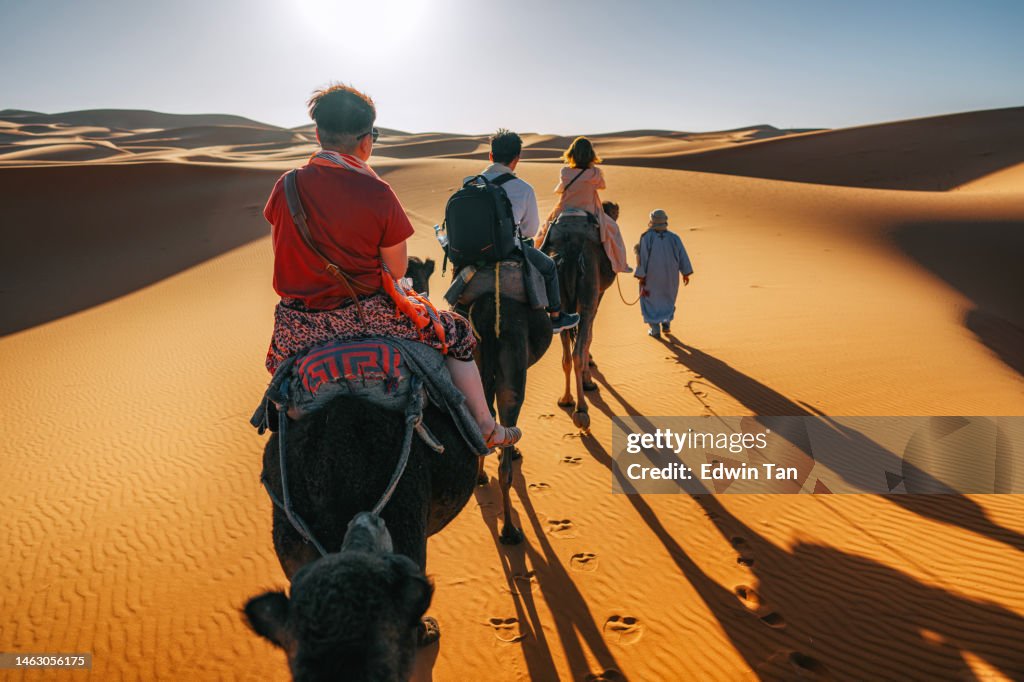 Asian Chinese tourists riding on dromedary camel train crossing Sahara Desert Morocco led by tour guide herdsman during sunset
