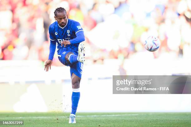 Andre Carillo of Al Hilal takes a free kick during the FIFA Club World Cup Morocco 2022 2nd Round match between Wydad Athletic Club and Al Hilal at...
