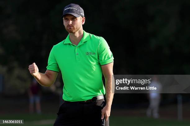 Daniel Gavins of England celebrates after finishing his round on the 18th hole on Day Four of the Ras Al Khaimah Championship at Al Hamra Golf Club...