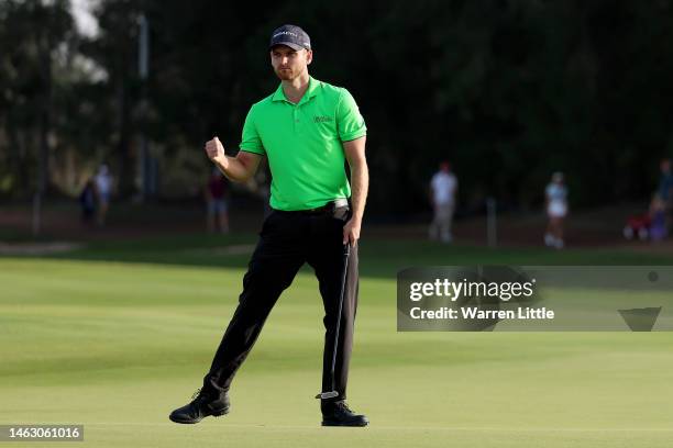 Daniel Gavins of England celebrates after finishing his round on the 18th hole on Day Four of the Ras Al Khaimah Championship at Al Hamra Golf Club...