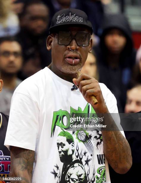 Former NBA player Dennis Rodman coaches during the NFL Pro Bowl Weekend Celebrity All-Star Game 2023 benefiting the charity D Up On Cancer at the Cox...