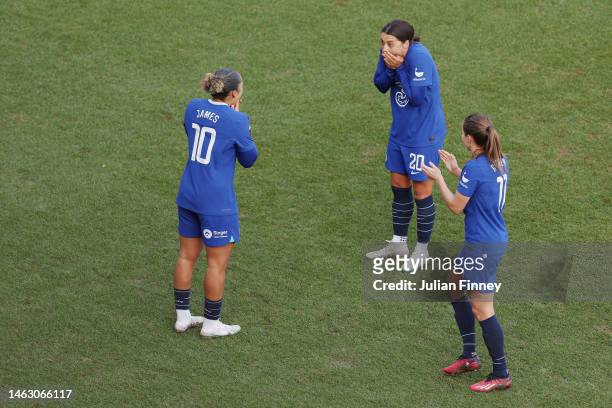 Lauren James of Chelsea celebrates with teammate Sam Kerr after scoring the team's second goal during the FA Women's Super League match between...