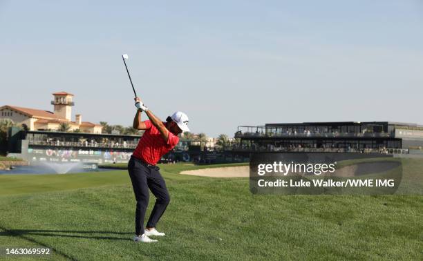 Abraham Ancer of Mexico plays his second shot on the 18th hole on Day Four of the PIF Saudi International at Royal Greens Golf & Country Club on...