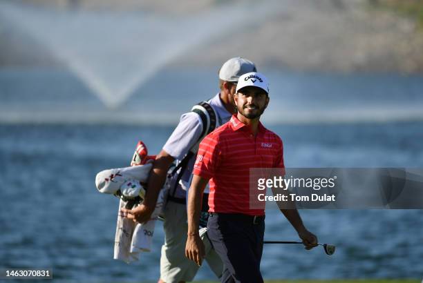Abraham Ancer of Mexico smiles on the 18th hole on his way to winning the PIF Saudi International at Royal Greens Golf & Country Club on February 05,...