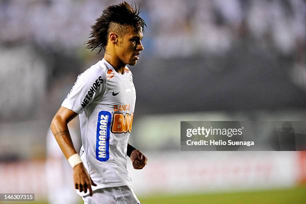 Neymar of Santos during a match between Santos and Corinthians as part of the semifinal of Copa Libertadores 2012 at Vila Belmiro Stadium on June 13,...