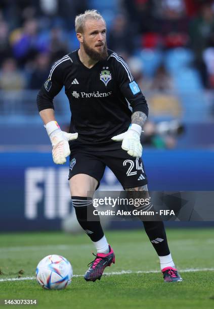 Goalkeeper Stefan Frei of Seattle Sounders FC controls the ball during the FIFA Club World Cup Morocco 2022 2nd Round match between Seattle Sounders...