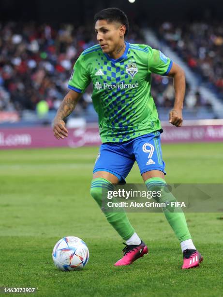 Raul Ruidiaz of Seattle Sounders FC controls the ball during the FIFA Club World Cup Morocco 2022 2nd Round match between Seattle Sounders FC and Al...