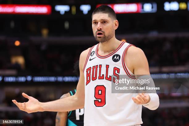 Nikola Vucevic of the Chicago Bulls reacts to a foul call against the Portland Trail Blazers during the second half at United Center on February 04,...