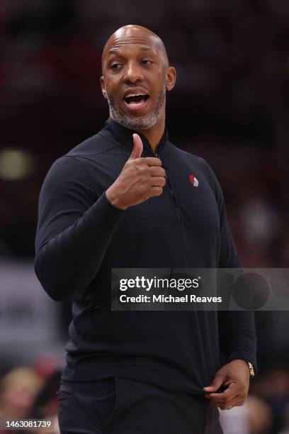 Head coach Chauncey Billups of the Portland Trail Blazers reacts against the Chicago Bulls during the first half at United Center on February 04,...