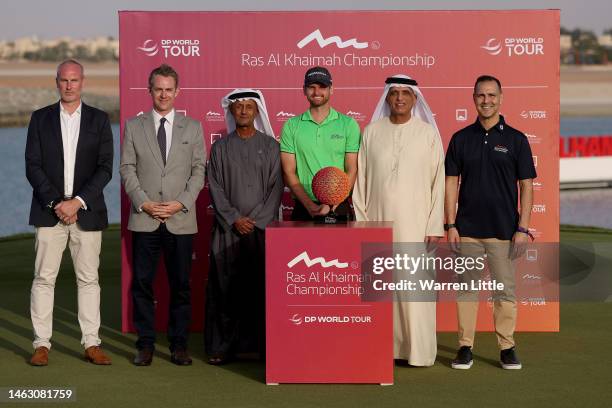 Daniel Gavins of England; Tom Phillips, DP World Tour Head of the Middle East and His Highness Sheik Saud Bin Saqr Al Qasami Supreme Council Member...