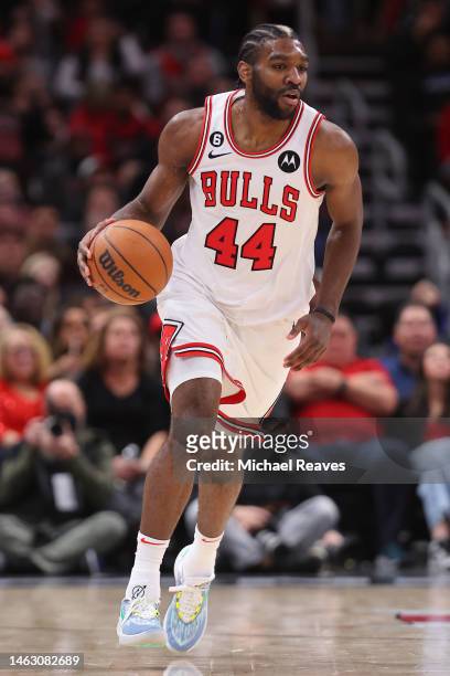 Patrick Williams of the Chicago Bulls dribbles against the Portland Trail Blazers during the second half at United Center on February 04, 2023 in...