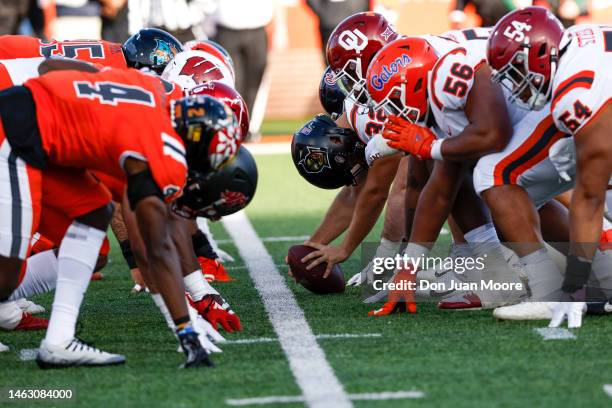 General view of the line of scrimmage between the American Team and National Team during the 2023 Resse's Senior Bowl at Hancock Whitney Stadium on...