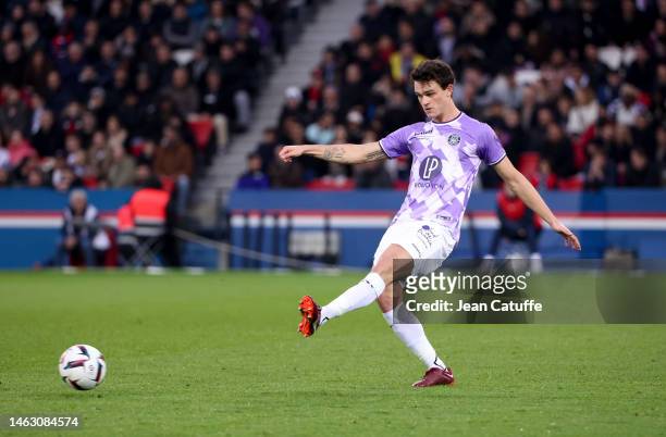 Rasmus Nicolaisen of Toulouse during the Ligue 1 match between Paris Saint-Germain and Toulouse FC at Parc des Princes stadium on February 4, 2023 in...