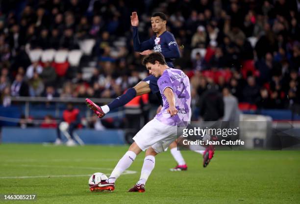 Rasmus Nicolaisen of Toulouse, Hugo Ekitike of PSG during the Ligue 1 match between Paris Saint-Germain and Toulouse FC at Parc des Princes stadium...