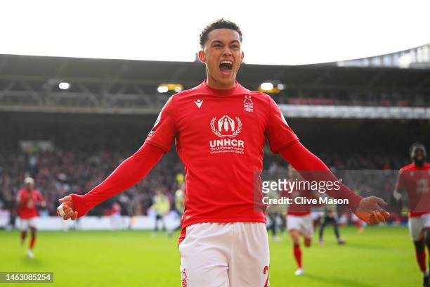 Brennan Johnson of Nottingham Forest celebrates after scoring the team's first goal during the Premier League match between Nottingham Forest and...