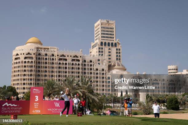 Rasmus Hojgaard of Denmark play his tee shot on the 3rd hole on Day Four of the Ras Al Khaimah Championship at Al Hamra Golf Club on February 05,...