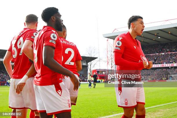 Brennan Johnson of Nottingham Forest celebrates after scoring the team's first goal during the Premier League match between Nottingham Forest and...