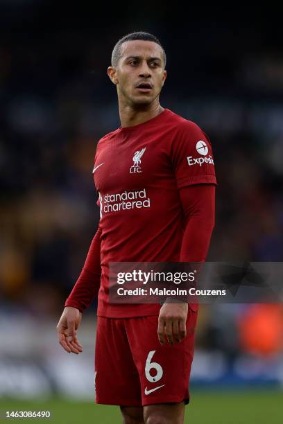 Thiago Alcantara of Liverpool looks on during the Premier League match between Wolverhampton Wanderers and Liverpool FC at Molineux on February 04,...